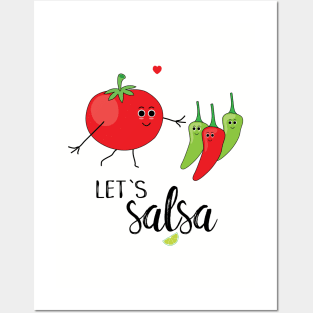 Let's Salsa Cute Cartoon Tomato and Chillies Posters and Art